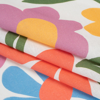 Linen and Rayon Woven - Golden Yellow, Rose Pink and Sky Blue Simple Flowers - Mood Exclusive Simple Stems Print