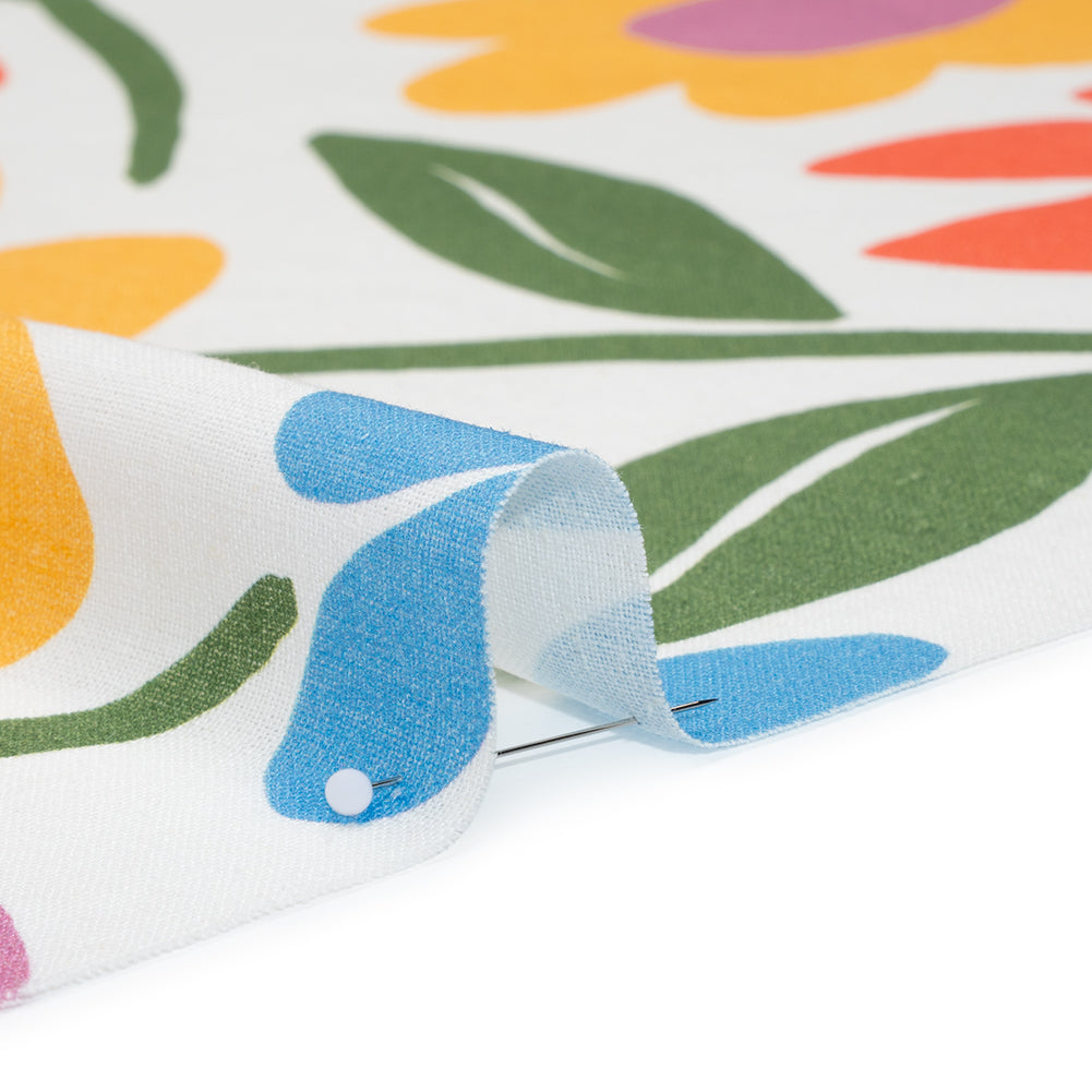 Linen and Rayon Woven - Golden Yellow, Rose Pink and Sky Blue Simple Flowers - Mood Exclusive Simple Stems Print