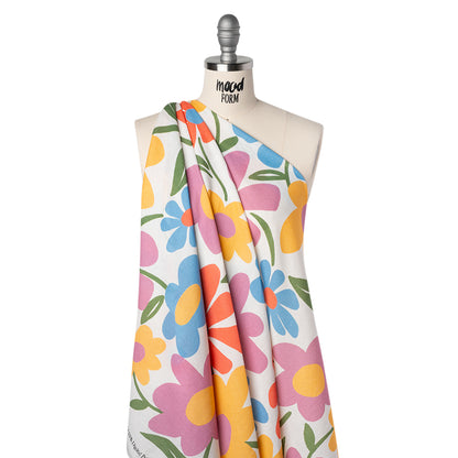 Linen and Rayon Woven - Golden Yellow, Rose Pink and Sky Blue Simple Flowers - Mood Exclusive Simple Stems Print
