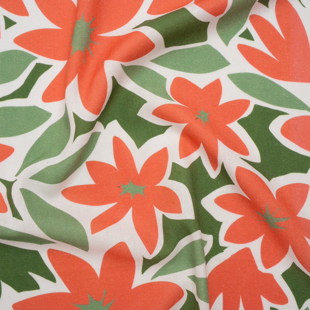 Linen and Rayon Woven - Coral Rose, Sage and Basil Green Flat Flowers - Mood Exclusive Flat Out Florals Print