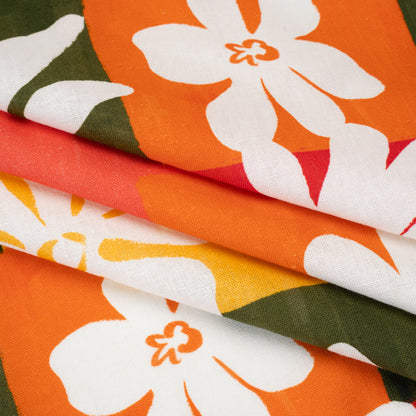 Linen and Rayon Woven - Dark Green, Red Orange and Yellow Floral Patchwork Blocks - Mood Exclusive Blooming Blocks Print