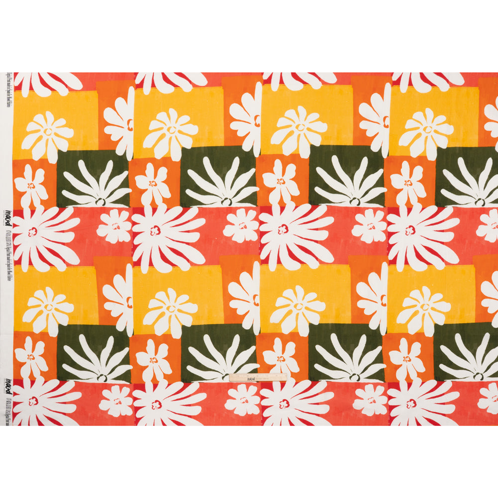 Linen and Rayon Woven - Dark Green, Red Orange and Yellow Floral Patchwork Blocks - Mood Exclusive Blooming Blocks Print