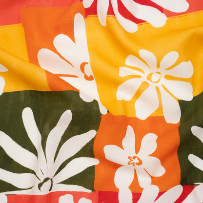 Linen and Rayon Woven - Dark Green, Red Orange and Yellow Floral Patchwork Blocks - Mood Exclusive Blooming Blocks Print
