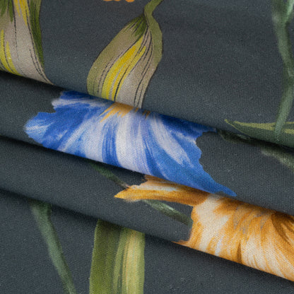 Linen and Rayon Woven - Charcoal, Blue and Goldenrod Yellow Painted Flowers - Mood Exclusive Spring Storm Print