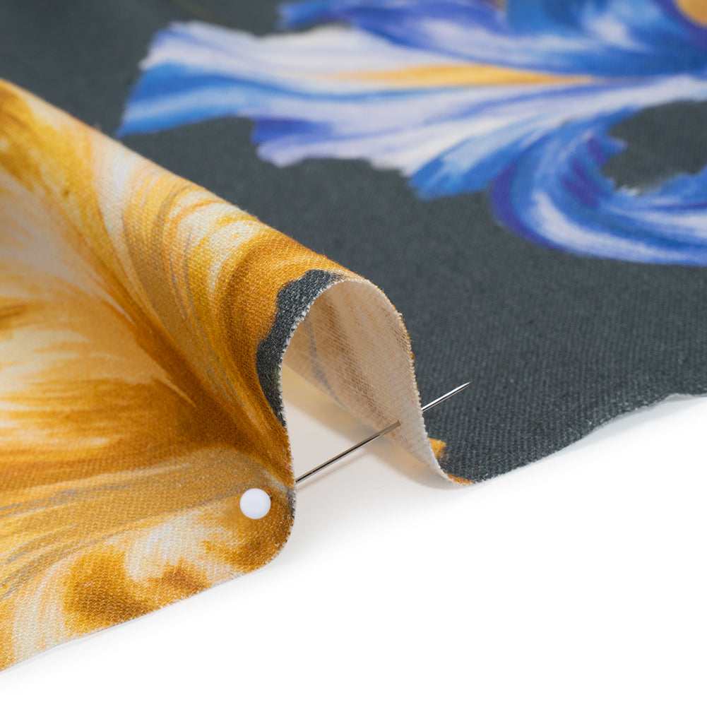 Linen and Rayon Woven - Charcoal, Blue and Goldenrod Yellow Painted Flowers - Mood Exclusive Spring Storm Print