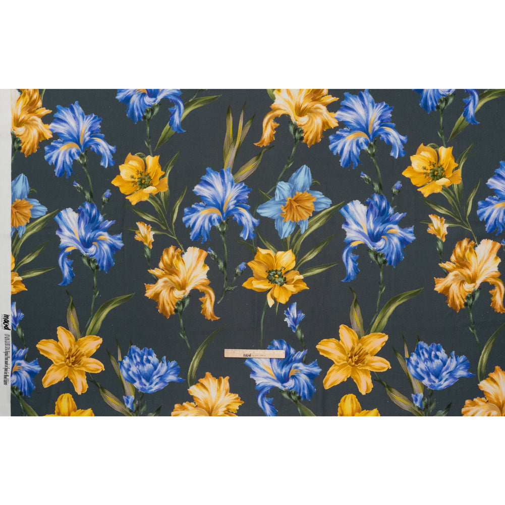 Linen and Rayon Woven - Charcoal, Blue and Goldenrod Yellow Painted Flowers - Mood Exclusive Spring Storm Print