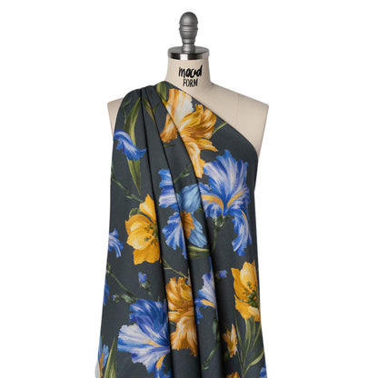 Linen and Rayon Woven - Charcoal, Blue and Goldenrod Yellow Painted Flowers - Mood Exclusive Spring Storm Print