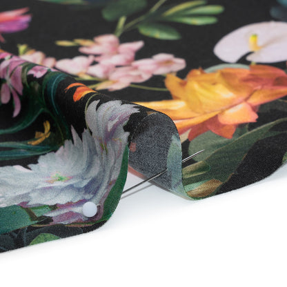 Rayon Challis - Black, Green and Orange Rainforest Flowers - Mood Exclusive Rainforest Reverie Print