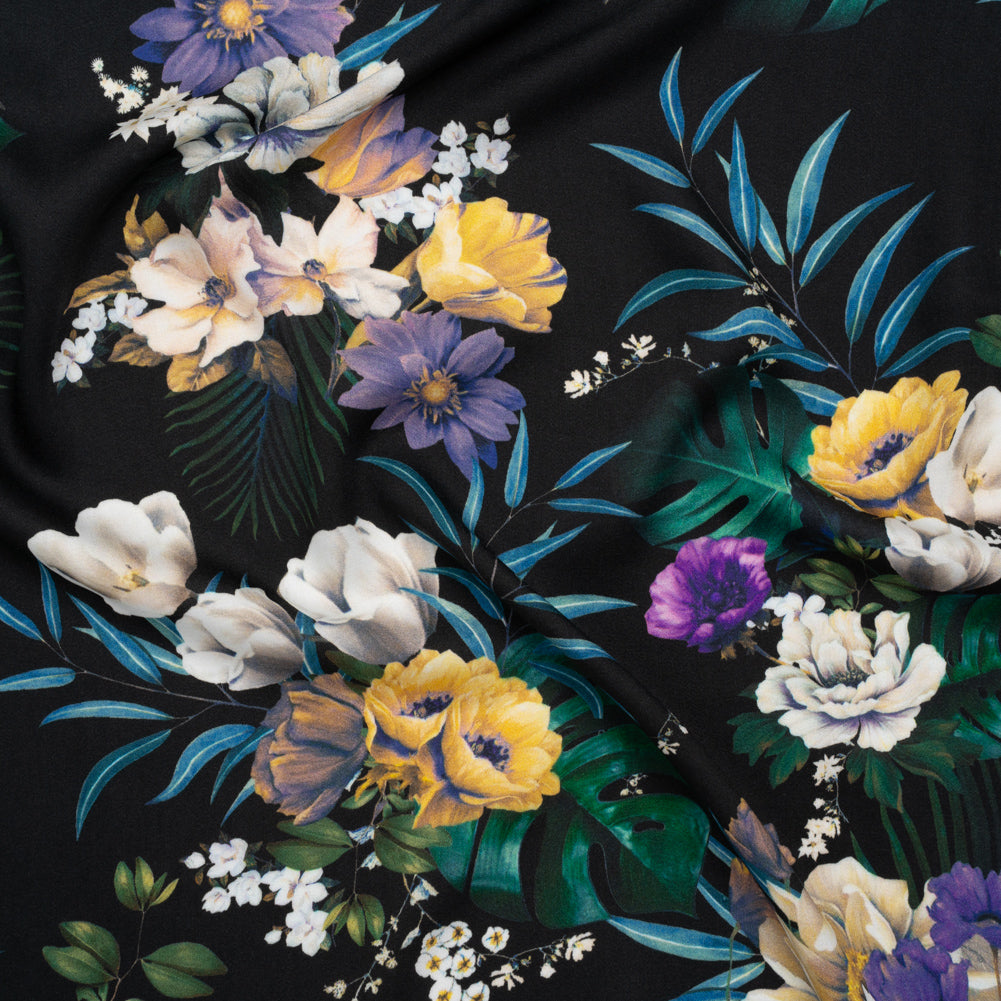 Rayon Challis - Blue, Purple and Yellow Tropical Flowers - Mood Exclusive Island Bloom Print