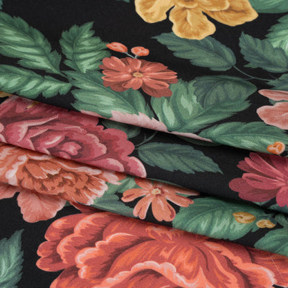 Rayon Challis - Coral Pink, Yellow and Green Flowers on Black - Mood Exclusive Midnight Garden Party Print