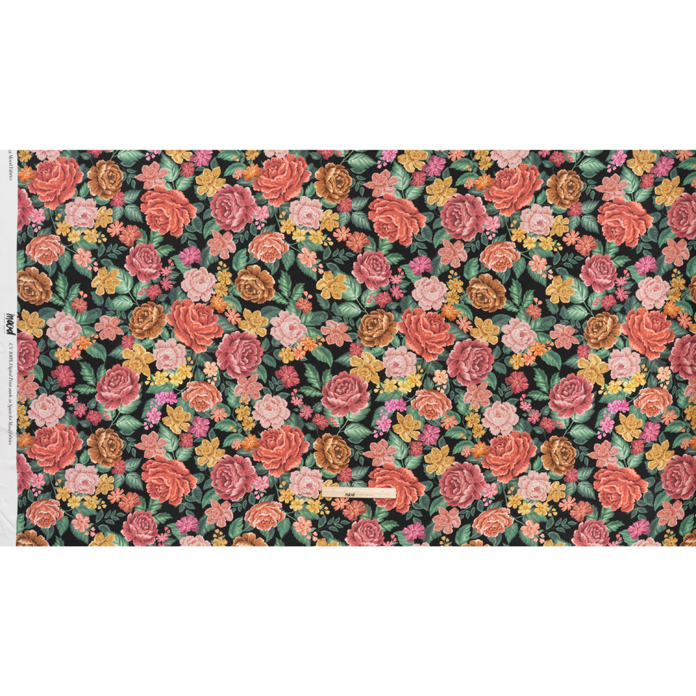 Rayon Challis - Coral Pink, Yellow and Green Flowers on Black - Mood Exclusive Midnight Garden Party Print - Full