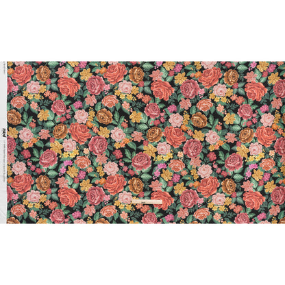 Rayon Challis - Coral Pink, Yellow and Green Flowers on Black - Mood Exclusive Midnight Garden Party Print