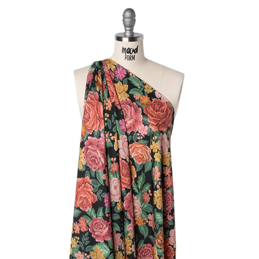 Rayon Challis - Coral Pink, Yellow and Green Flowers on Black - Mood Exclusive Midnight Garden Party Print - Drape