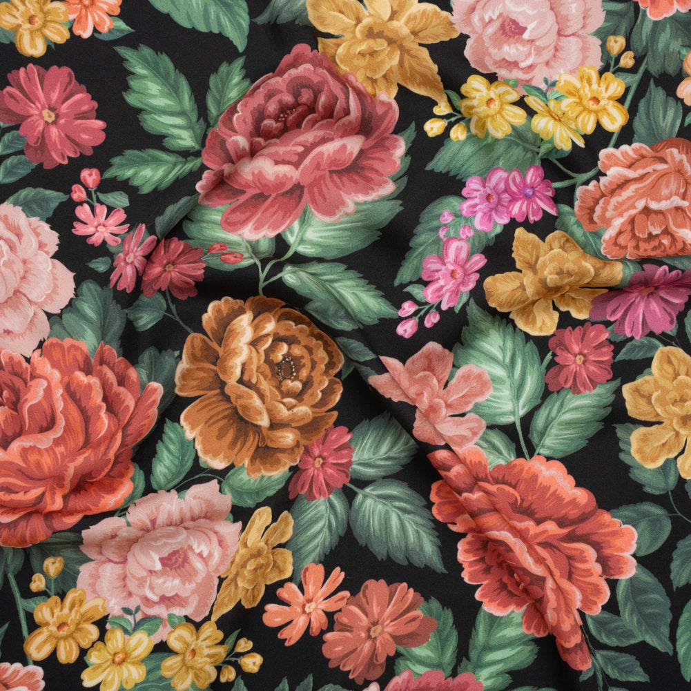Rayon Challis - Coral Pink, Yellow and Green Flowers on Black - Mood Exclusive Midnight Garden Party Print