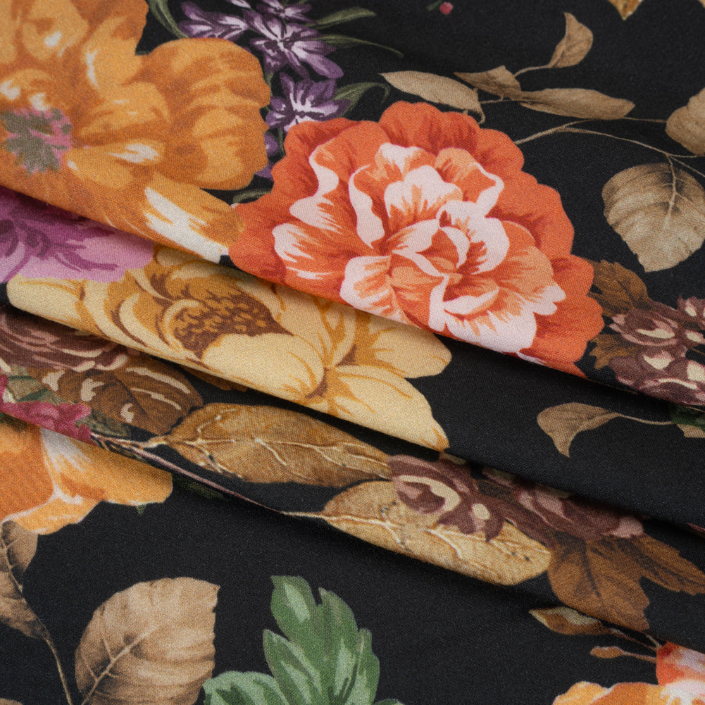 Rayon Challis - Orange, Pink and Black Floral - Mood Exclusive Floral Noir Print - Folded