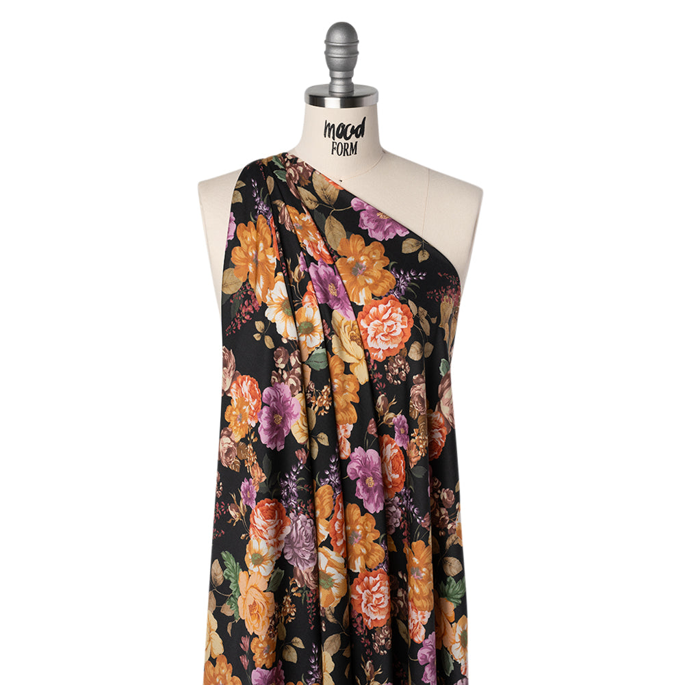 Rayon Challis - Orange, Pink and Black Floral - Mood Exclusive Floral Noir Print - Drape