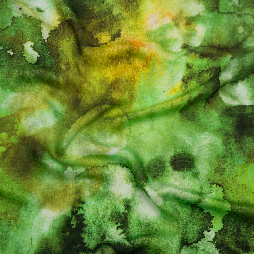 Rayon Challis - Lime Green, Sunny Orange and Olive Abstract Tie Dye - Mood Exclusive Pigment Pulse Print