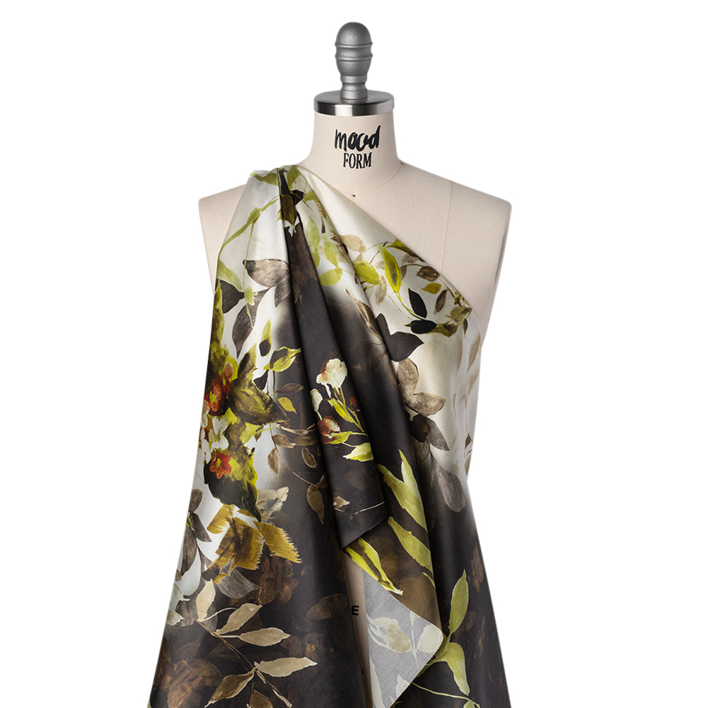 Silk Satin Print Made in Italy - Brown, Cream and Chartreuse Painted Leaves - Deadstock - Folded