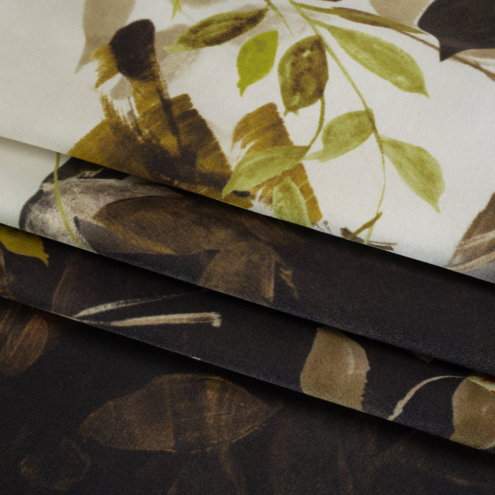 Silk Satin Print Made in Italy - Brown, Cream and Chartreuse Painted Leaves - Deadstock - Detail