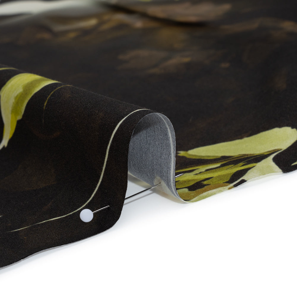 Silk Satin Print Made in Italy - Brown, Cream and Chartreuse Painted Leaves - Deadstock - Full