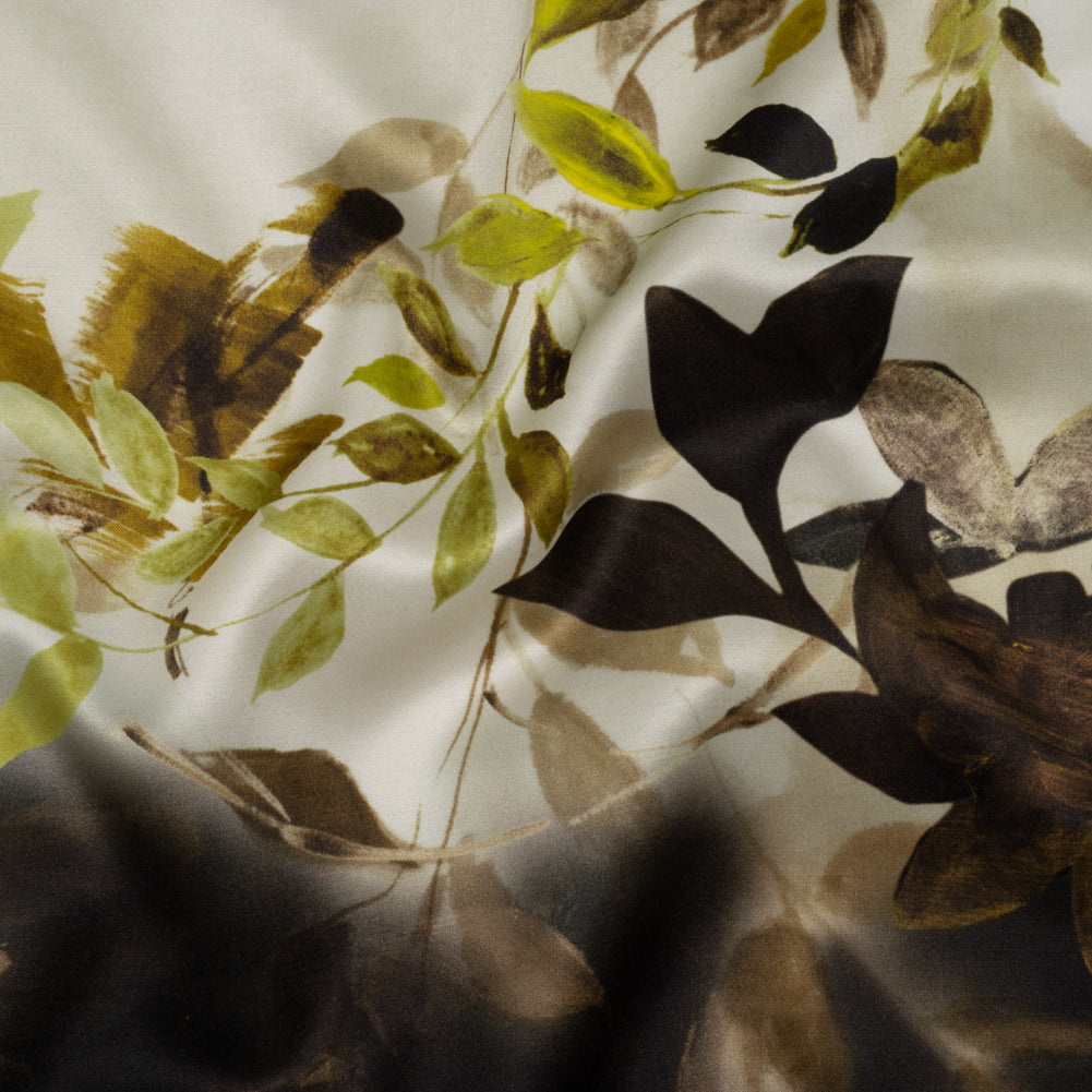 Silk Satin Print Made in Italy - Brown, Cream and Chartreuse Painted Leaves - Deadstock - Drape