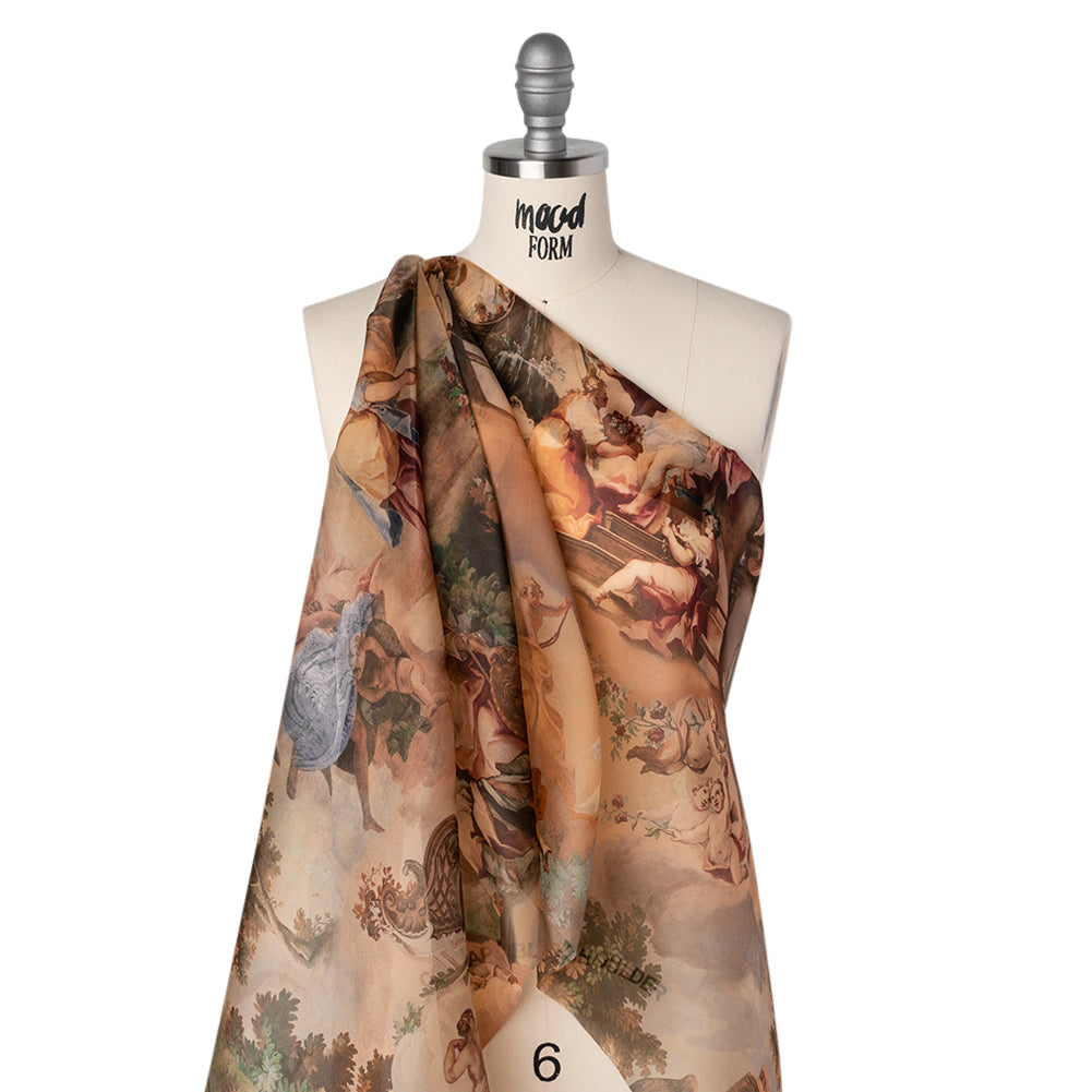 Silk Organza Print Made in Italy - Brown, Beige and Green Classical Scenes - Deadstock