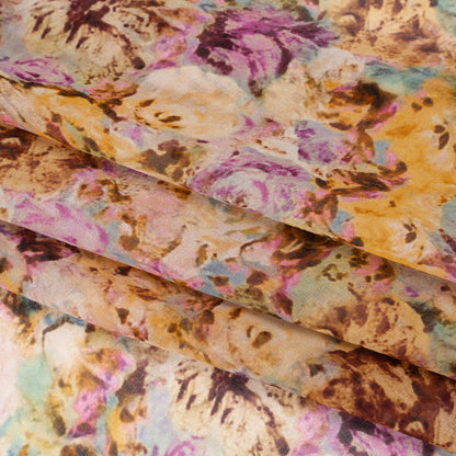 Silk Voile Print Made in Italy - Pink, Yellow and Brown Painterly Flowers - Deadstock