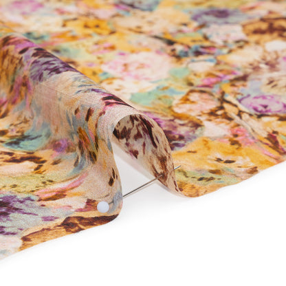 Silk Voile Print Made in Italy - Pink, Yellow and Brown Painterly Flowers - Deadstock