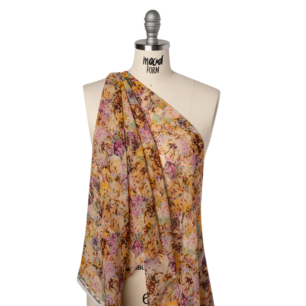 Silk Voile Print Made in Italy - Pink, Yellow and Brown Painterly Flowers - Deadstock - Drape
