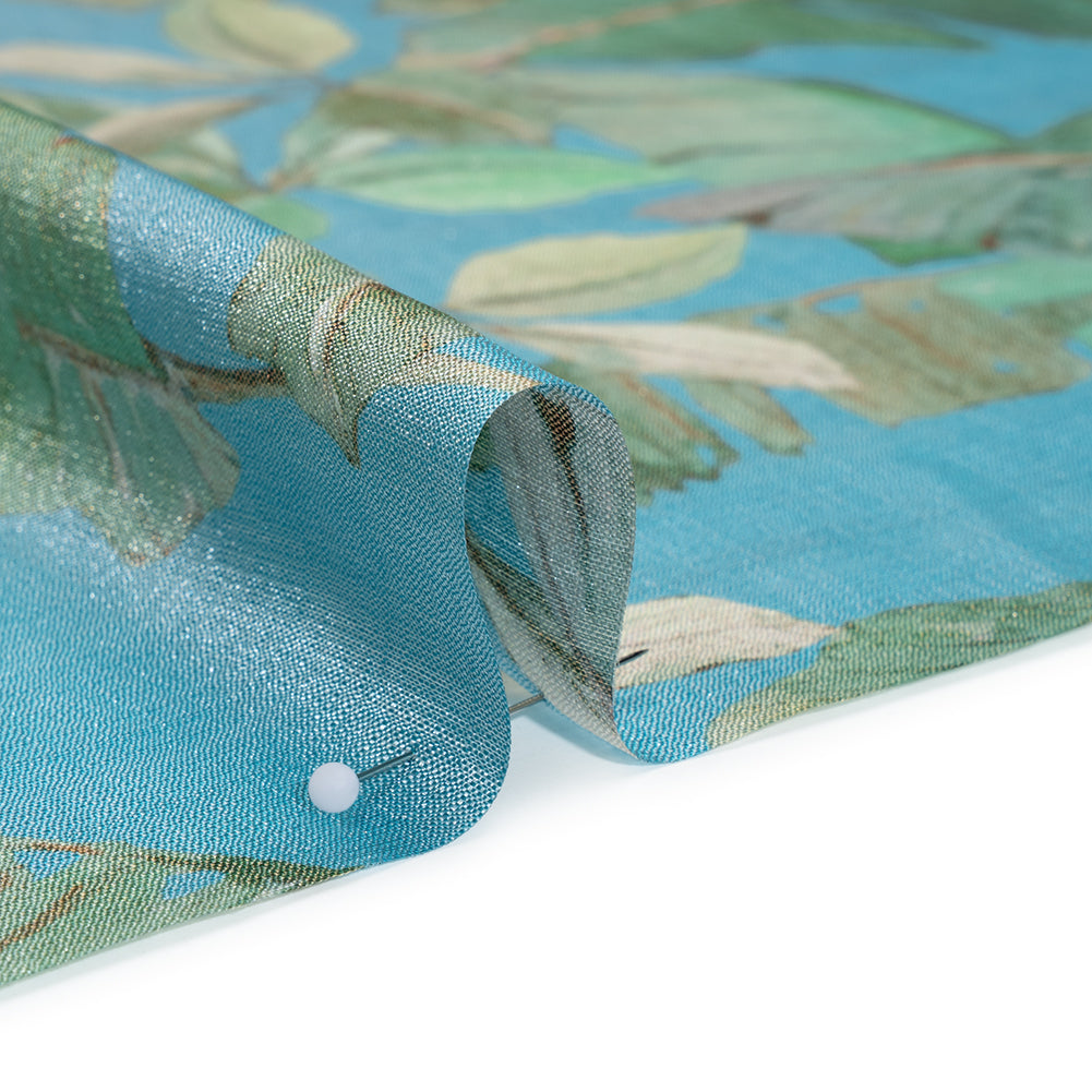 Textured Silk Woven Print Made in Italy - Sky Blue, Green and Beige Palm Leaves - Deadstock - Detail