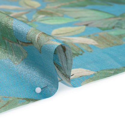 Textured Silk Woven Print Made in Italy - Sky Blue, Green and Beige Palm Leaves - Deadstock