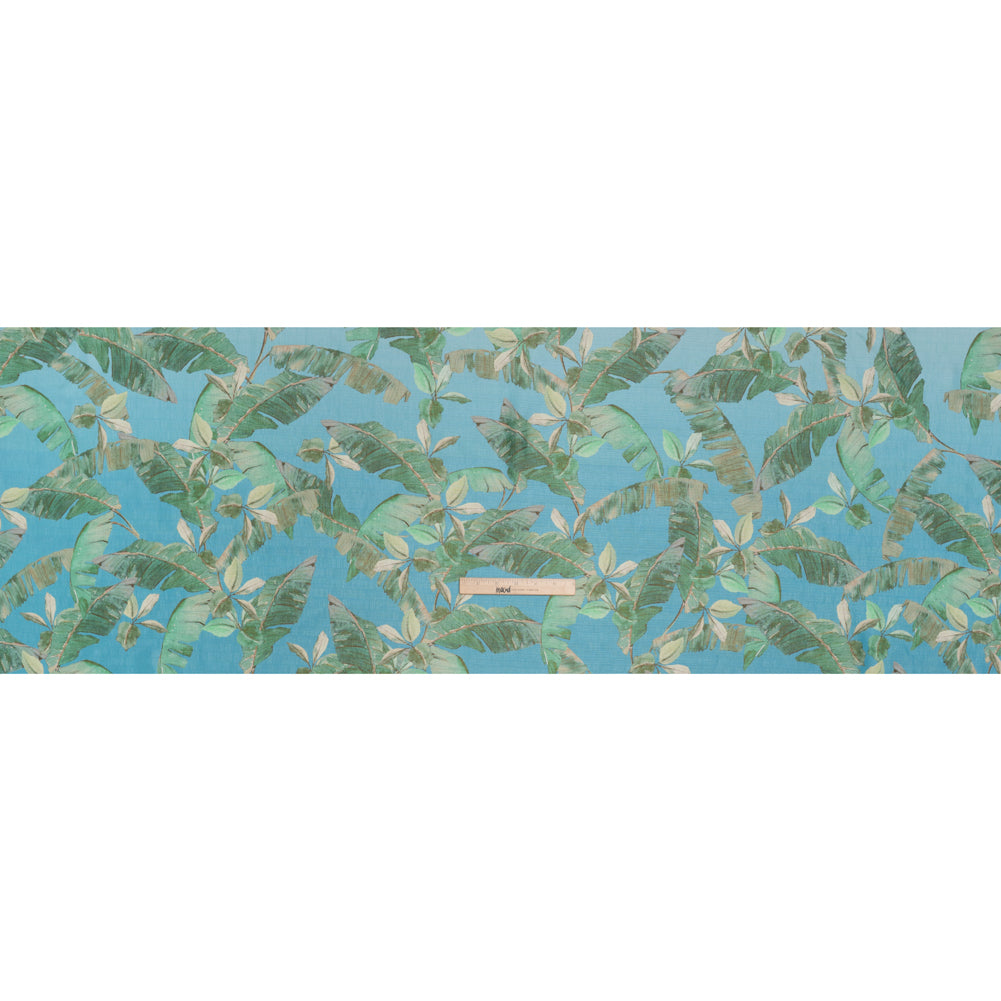 Textured Silk Woven Print Made in Italy - Sky Blue, Green and Beige Palm Leaves - Deadstock - Full
