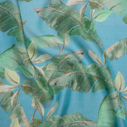 Textured Silk Woven Print Made in Italy - Sky Blue, Green and Beige Palm Leaves - Deadstock