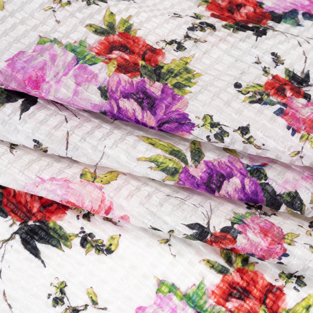 Ruched Silk Blend Striped Dobby Made in Italy - White, Pink and Purple Floral - Deadstock Folded