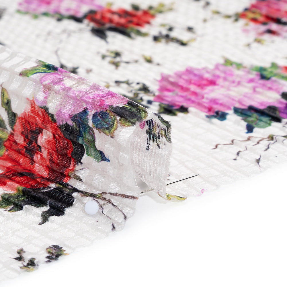 Ruched Silk Blend Striped Dobby Made in Italy - White, Pink and Purple Floral - Deadstock Detail
