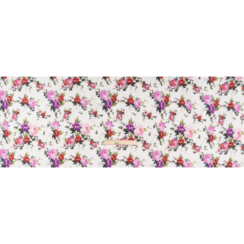 Ruched Silk Blend Striped Dobby Made in Italy - White, Pink and Purple Floral - Deadstock Full