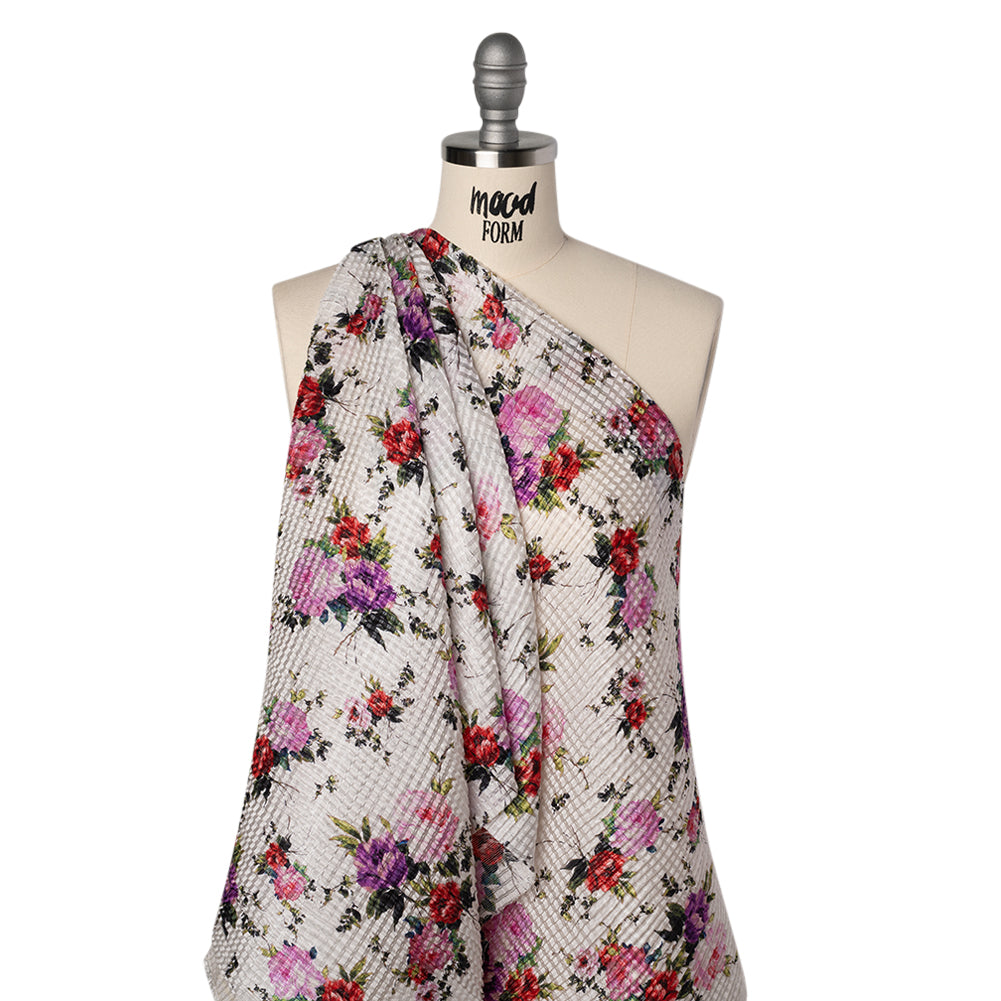 Ruched Silk Blend Striped Dobby Made in Italy - White, Pink and Purple Floral - Deadstock Drape