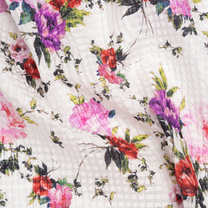 Ruched Silk Blend Striped Dobby Made in Italy - White, Pink and Purple Floral - Deadstock