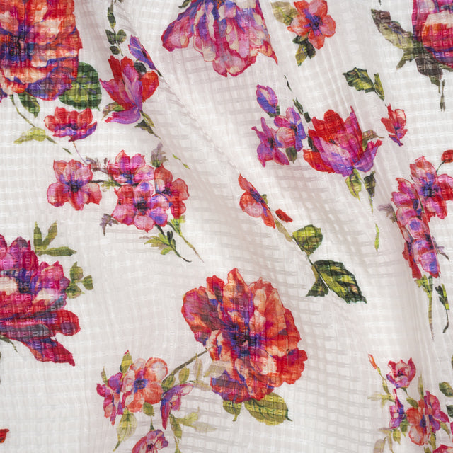Ruched Silk Blend Striped Dobby Made in Italy - Pink, Ultramarine and Green Floral - Deadstock