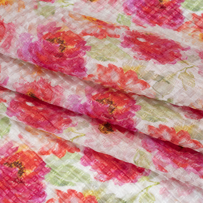 Ruched Silk Blend Striped Dobby Made in Italy - Hot Pink, Golden Yellow and Sage Green Soft Florals - Deadstock