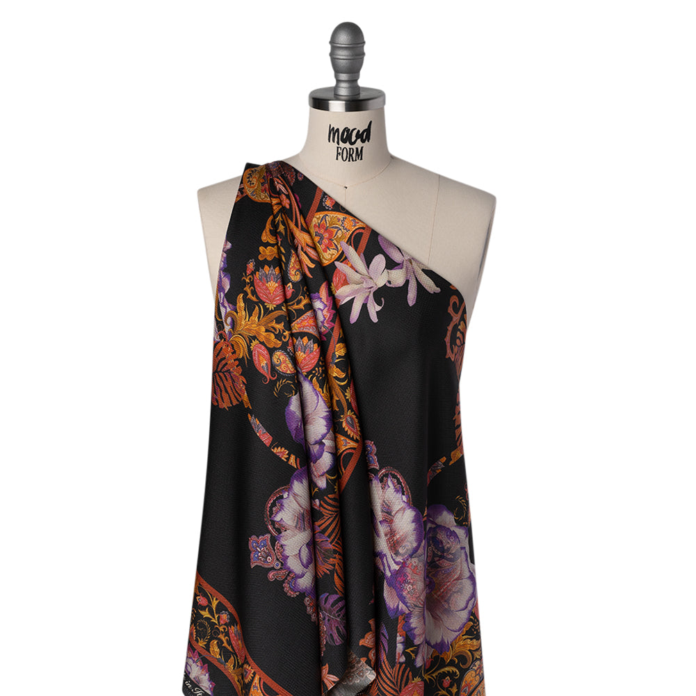 Silk Diagonal Basketweave Dobby Print Made in Italy - Purple, Orange and Black Ornate Paisleys and Palm Leaves - Deadstock