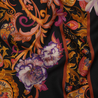 Silk Diagonal Basketweave Dobby Print Made in Italy - Purple, Orange and Black Ornate Paisleys and Palm Leaves - Deadstock