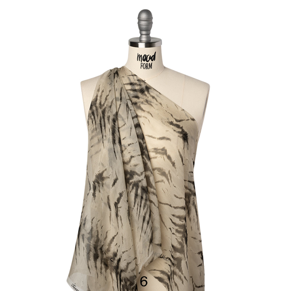 Silk Voile Print Made in Italy - Warm Gray and Black Animal Stripes - Deadstock - Drape