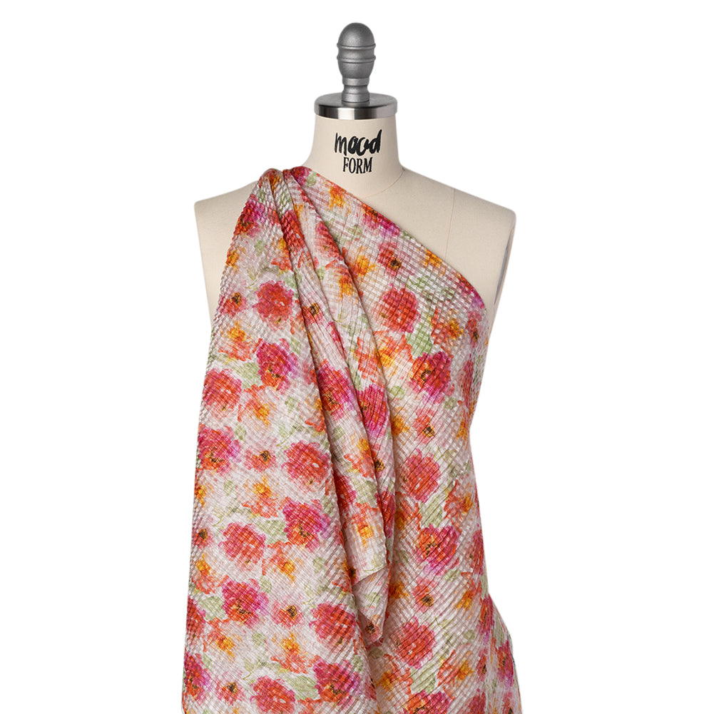 Ruched Silk Blend Striped Dobby Made in Italy - Magenta, Orange and Light Green Floral - Deadstock Folded