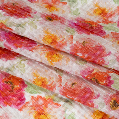 Ruched Silk Blend Striped Dobby Made in Italy - Magenta, Orange and Light Green Floral - Deadstock Detail