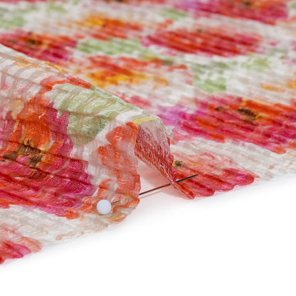 Ruched Silk Blend Striped Dobby Made in Italy - Magenta, Orange and Light Green Floral - Deadstock Full