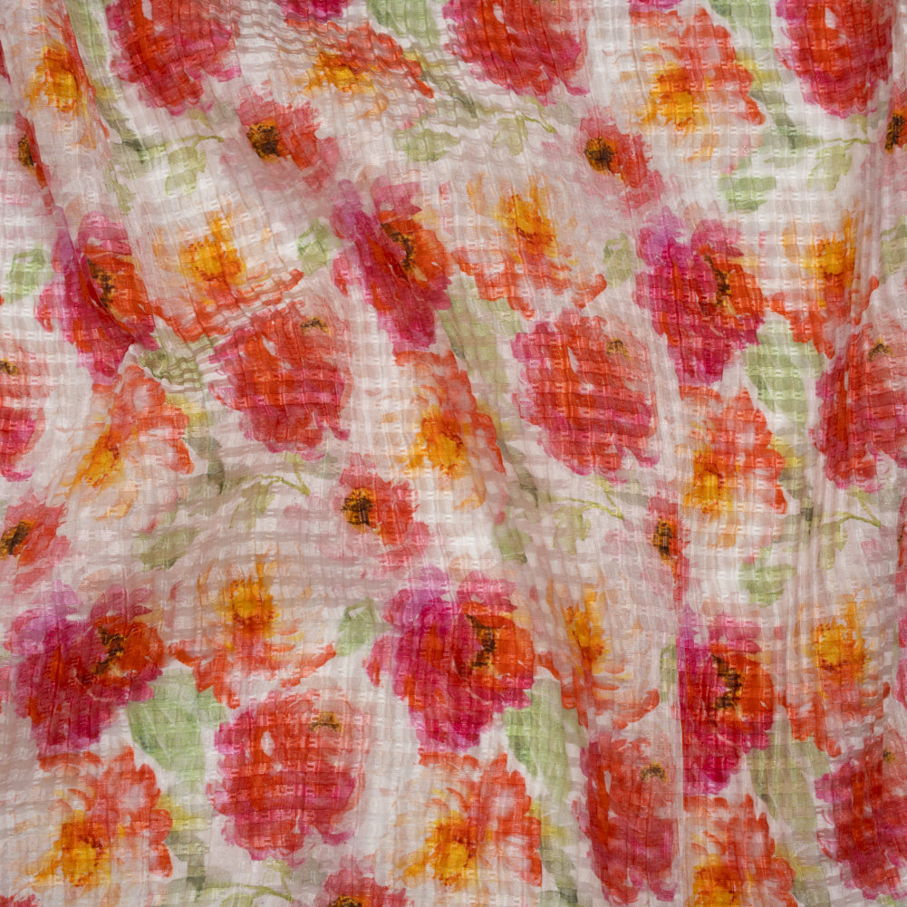 Ruched Silk Blend Striped Dobby Made in Italy - Magenta, Orange and Light Green Floral - Deadstock Drape