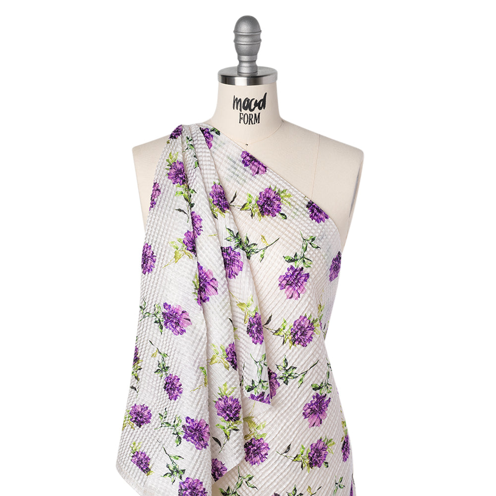 Ruched Silk Blend Striped Dobby Made in Italy - Purple, Green and White Scattered Carnations - Deadstock - Folded