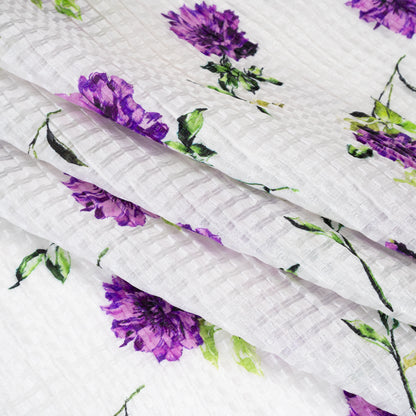 Ruched Silk Blend Striped Dobby Made in Italy - Purple, Green and White Scattered Carnations - Deadstock