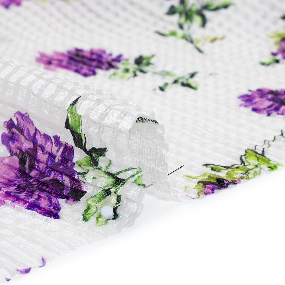Ruched Silk Blend Striped Dobby Made in Italy - Purple, Green and White Scattered Carnations - Deadstock - Full